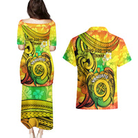 Halo Vanuatu Couples Matching Puletasi Dress and Hawaiian Shirt Sand Drawing Turtle Polynesian Tropical Flowers LT14 - Polynesian Pride