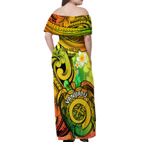 Halo Vanuatu Off Shoulder Maxi Dress Sand Drawing Turtle Polynesian Tropical Flowers LT14 - Polynesian Pride