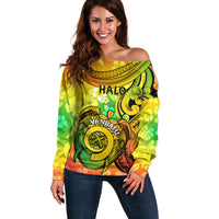 Halo Vanuatu Off Shoulder Sweater Sand Drawing Turtle Polynesian Tropical Flowers LT14 Women Reggae - Polynesian Pride