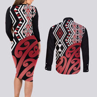 New Zealand Couples Matching Long Sleeve Bodycon Dress and Long Sleeve Button Shirt Aotearoa Kowhaiwhai Mix Taniko Art - Red LT14 - Polynesian Pride