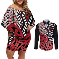 New Zealand Couples Matching Off Shoulder Short Dress and Long Sleeve Button Shirt Aotearoa Kowhaiwhai Mix Taniko Art - Red LT14 Red - Polynesian Pride