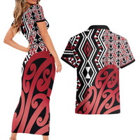New Zealand Couples Matching Short Sleeve Bodycon Dress and Hawaiian Shirt Aotearoa Kowhaiwhai Mix Taniko Art - Red LT14 - Polynesian Pride