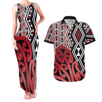 New Zealand Couples Matching Tank Maxi Dress and Hawaiian Shirt Aotearoa Kowhaiwhai Mix Taniko Art - Red LT14 Red - Polynesian Pride
