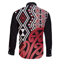 New Zealand Family Matching Off The Shoulder Long Sleeve Dress and Hawaiian Shirt Aotearoa Kowhaiwhai Mix Taniko Art - Red LT14 - Polynesian Pride
