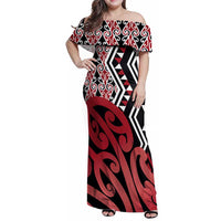 New Zealand Family Matching Off Shoulder Maxi Dress and Hawaiian Shirt Aotearoa Kowhaiwhai Mix Taniko Art - Red LT14 Mom's Dress Red - Polynesian Pride