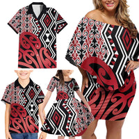 New Zealand Family Matching Off Shoulder Short Dress and Hawaiian Shirt Aotearoa Kowhaiwhai Mix Taniko Art - Red LT14 - Polynesian Pride