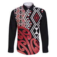 New Zealand Family Matching Off Shoulder Short Dress and Hawaiian Shirt Aotearoa Kowhaiwhai Mix Taniko Art - Red LT14 Dad's Shirt - Long Sleeve Red - Polynesian Pride