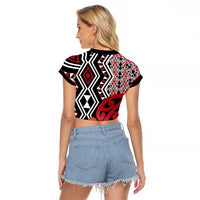 New Zealand Raglan Cropped T Shirt Aotearoa Kowhaiwhai Mix Taniko Art - Red