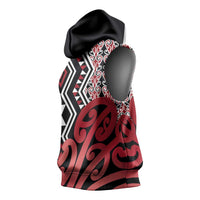 New Zealand Sleeveless Hoodie Aotearoa Kowhaiwhai Mix Taniko Art - Red - Polynesian Pride