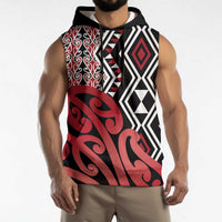 New Zealand Sleeveless Hoodie Aotearoa Kowhaiwhai Mix Taniko Art - Red - Polynesian Pride