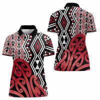 New Zealand Women Polo Shirt Aotearoa Kowhaiwhai Mix Taniko Art - Red LT14 - Polynesian Pride
