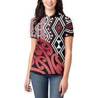 New Zealand Women Polo Shirt Aotearoa Kowhaiwhai Mix Taniko Art - Red LT14 - Polynesian Pride