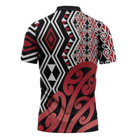 New Zealand Zipper Polo Shirt Aotearoa Kowhaiwhai Mix Taniko Art - Red - Polynesian Pride