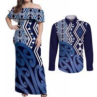 New Zealand Couples Matching Off Shoulder Maxi Dress and Long Sleeve Button Shirt Aotearoa Kowhaiwhai Mix Taniko Art - Blue LT14 Blue - Polynesian Pride