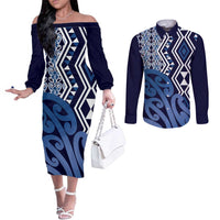 New Zealand Couples Matching Off The Shoulder Long Sleeve Dress and Long Sleeve Button Shirt Aotearoa Kowhaiwhai Mix Taniko Art - Blue LT14 Blue - Polynesian Pride