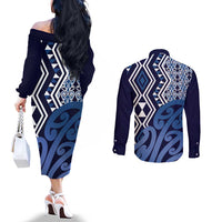 New Zealand Couples Matching Off The Shoulder Long Sleeve Dress and Long Sleeve Button Shirt Aotearoa Kowhaiwhai Mix Taniko Art - Blue LT14 - Polynesian Pride