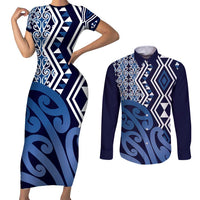 New Zealand Couples Matching Short Sleeve Bodycon Dress and Long Sleeve Button Shirt Aotearoa Kowhaiwhai Mix Taniko Art - Blue LT14 Blue - Polynesian Pride