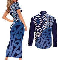 New Zealand Couples Matching Short Sleeve Bodycon Dress and Long Sleeve Button Shirt Aotearoa Kowhaiwhai Mix Taniko Art - Blue LT14 - Polynesian Pride