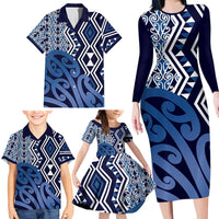 New Zealand Family Matching Long Sleeve Bodycon Dress and Hawaiian Shirt Aotearoa Kowhaiwhai Mix Taniko Art - Blue LT14 - Polynesian Pride