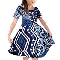 New Zealand Family Matching Off Shoulder Short Dress and Hawaiian Shirt Aotearoa Kowhaiwhai Mix Taniko Art - Blue LT14 Daughter's Dress Blue - Polynesian Pride