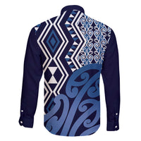 New Zealand Family Matching Off Shoulder Short Dress and Hawaiian Shirt Aotearoa Kowhaiwhai Mix Taniko Art - Blue LT14 - Polynesian Pride