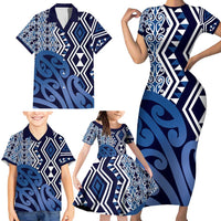New Zealand Family Matching Short Sleeve Bodycon Dress and Hawaiian Shirt Aotearoa Kowhaiwhai Mix Taniko Art - Blue