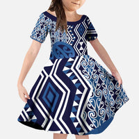 New Zealand Family Matching Summer Maxi Dress and Hawaiian Shirt Aotearoa Kowhaiwhai Mix Taniko Art - Blue LT14 Daughter's Dress Blue - Polynesian Pride