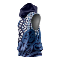 New Zealand Sleeveless Hoodie Aotearoa Kowhaiwhai Mix Taniko Art - Blue - Polynesian Pride