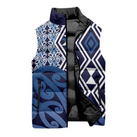 New Zealand Sleeveless Puffer Jacket Aotearoa Kowhaiwhai Mix Taniko Art - Blue - Polynesian Pride