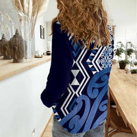 New Zealand Women Casual Shirt Aotearoa Kowhaiwhai Mix Taniko Art - Blue LT14 - Polynesian Pride