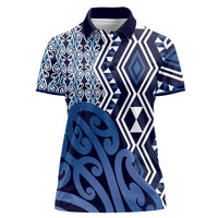New Zealand Women Polo Shirt Aotearoa Kowhaiwhai Mix Taniko Art - Blue LT14 Female Blue - Polynesian Pride