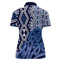 New Zealand Women Polo Shirt Aotearoa Kowhaiwhai Mix Taniko Art - Blue LT14 - Polynesian Pride