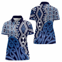 New Zealand Women Polo Shirt Aotearoa Kowhaiwhai Mix Taniko Art - Blue LT14 - Polynesian Pride