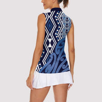 New Zealand Women Sleeveless Polo Shirt Aotearoa Kowhaiwhai Mix Taniko Art - Blue
