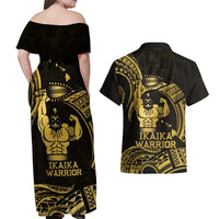 Gold Hawaii Ikaika Warrior Couples Matching Off Shoulder Maxi Dress and Hawaiian Shirt Hawaiian Power