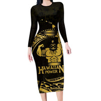 Gold Hawaii Ikaika Warrior Family Matching Long Sleeve Bodycon Dress and Hawaiian Shirt Hawaiian Power LT14 Mom's Dress Gold - Polynesian Pride