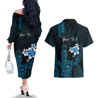 Personalised Hawaii King Kamehameha Day Couples Matching Off The Shoulder Long Sleeve Dress and Hawaiian Shirt Plumeria With Kakau Pattern - Blue LT14 - Polynesian Pride