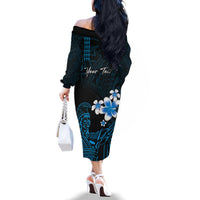 Personalised Hawaii King Kamehameha Day Family Matching Off The Shoulder Long Sleeve Dress and Hawaiian Shirt Plumeria With Kakau Pattern - Blue LT14 - Polynesian Pride