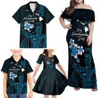 Personalised Hawaii King Kamehameha Day Family Matching Off Shoulder Maxi Dress and Hawaiian Shirt Plumeria With Kakau Pattern - Blue LT14 - Polynesian Pride
