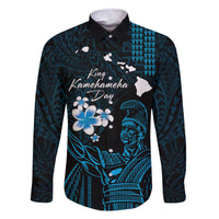 Personalised Hawaii King Kamehameha Day Family Matching Off Shoulder Maxi Dress and Hawaiian Shirt Plumeria With Kakau Pattern - Blue LT14 Dad's Shirt - Long Sleeve Blue - Polynesian Pride