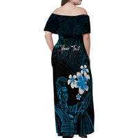 Personalised Hawaii King Kamehameha Day Family Matching Off Shoulder Maxi Dress and Hawaiian Shirt Plumeria With Kakau Pattern - Blue LT14 - Polynesian Pride