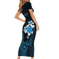 Personalised Hawaii King Kamehameha Day Family Matching Short Sleeve Bodycon Dress and Hawaiian Shirt Plumeria With Kakau Pattern - Blue LT14 - Polynesian Pride