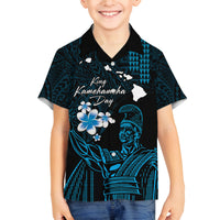 Personalised Hawaii King Kamehameha Day Family Matching Tank Maxi Dress and Hawaiian Shirt Plumeria With Kakau Pattern - Blue LT14 Son's Shirt Blue - Polynesian Pride