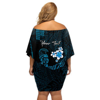 Personalised Hawaii King Kamehameha Day Off Shoulder Short Dress Plumeria With Kakau Pattern - Blue LT14 - Polynesian Pride
