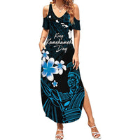 Personalised Hawaii King Kamehameha Day Summer Maxi Dress Plumeria With Kakau Pattern - Blue