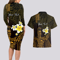 Personalised Hawaii King Kamehameha Day Couples Matching Long Sleeve Bodycon Dress and Hawaiian Shirt Plumeria With Kakau Pattern - Gold LT14 - Polynesian Pride