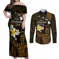 Personalised Hawaii King Kamehameha Day Couples Matching Off Shoulder Maxi Dress and Long Sleeve Button Shirt Plumeria With Kakau Pattern - Gold LT14 Gold - Polynesian Pride