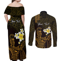 Personalised Hawaii King Kamehameha Day Couples Matching Off Shoulder Maxi Dress and Long Sleeve Button Shirt Plumeria With Kakau Pattern - Gold LT14 - Polynesian Pride