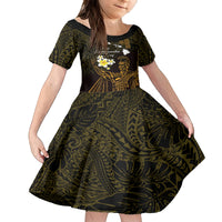 Personalised Hawaii King Kamehameha Day Family Matching Long Sleeve Bodycon Dress and Hawaiian Shirt Plumeria With Kakau Pattern - Gold LT14 Daughter's Dress Gold - Polynesian Pride