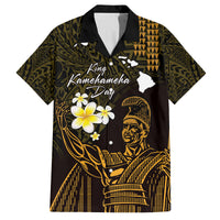 Personalised Hawaii King Kamehameha Day Family Matching Off Shoulder Maxi Dress and Hawaiian Shirt Plumeria With Kakau Pattern - Gold LT14 Dad's Shirt - Short Sleeve Gold - Polynesian Pride